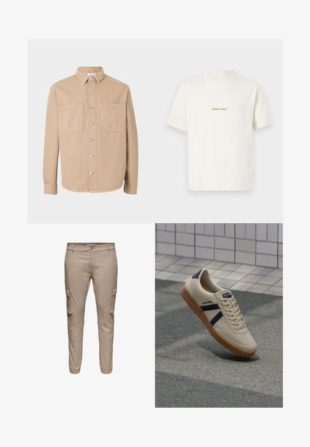 Chemise beige à manches longues avec un col, des boutons argentés et deux poches avant. Fabriquée en tissu de coton doux. Design classique, coupe non structurée.; T-shirt en coton crème avec manches courtes, col rond et logo brodé "Original Studio" en doré sur la poitrine. Texture douce.; Pantalon cargo beige à coupe slim avec poches à rabat latérales, fermeture par boutons, passants pour ceinture et poignets élastiques aux chevilles.; Baskets beiges avec une finition texturée, bandes navy et semelle en caoutchouc. Équipées d'une languette rembourrée et d'un système de laçage traditionnel pour un maintien sécurisé.