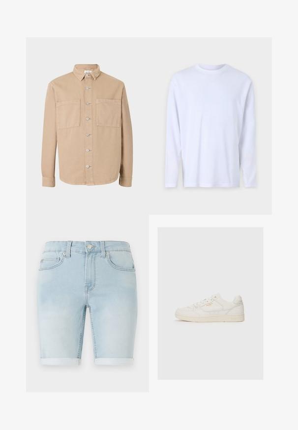 Beige Langarmhemd mit Kragen, silbernen Knöpfen und zwei Vordertaschen. Aus weichem Baumwollstoff gefertigt. Klassisches Design, unstrukturierte Passform.; Weißes Langarm-T-Shirt aus weicher Baumwolle, mit Rundhalsausschnitt und dezenten Nähdetails an der Vorderseite und den Schultern.; Hellblaue Jeansshorts mit umgeschlagenem Saum, klassischem Fünf-Taschen-Design und vorderem Knopfverschluss. Glatte Textur mit leichter Ausbleichung.; Weiße Leder-Sneaker mit glatter Textur, versehen mit perforierten Akzenten, Schnürung an der Vorderseite und einem subtilen Logo in Gold an der Seite.