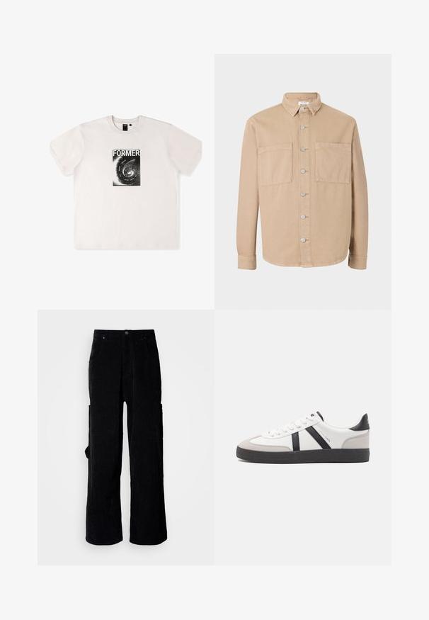 Beige langarmshirt met kraag, zilveren knopen en twee borstzakken. Gemaakt van zachte katoen. Klassiek ontwerp, onverstuwd pasvorm.; Wit katoenen t-shirt met korte mouwen, voorzien van een zwart grafisch ontwerp met het woord "FORMER" en een spiraalpatroon aan de voorkant.; Zwarte corduroy broek met wijde pijpen, gekenmerkt door een textuur in de stof, twee voorzakken en een zijzak met klep. Knopen aan de tailleband voor sluiting.; Witte sneaker met zwarte en grijze accenten, voorzien van een grijze neus met textuur, zwarte rubberen zool en platte witte veters. Schoon ontwerp, minimalistische stijl.