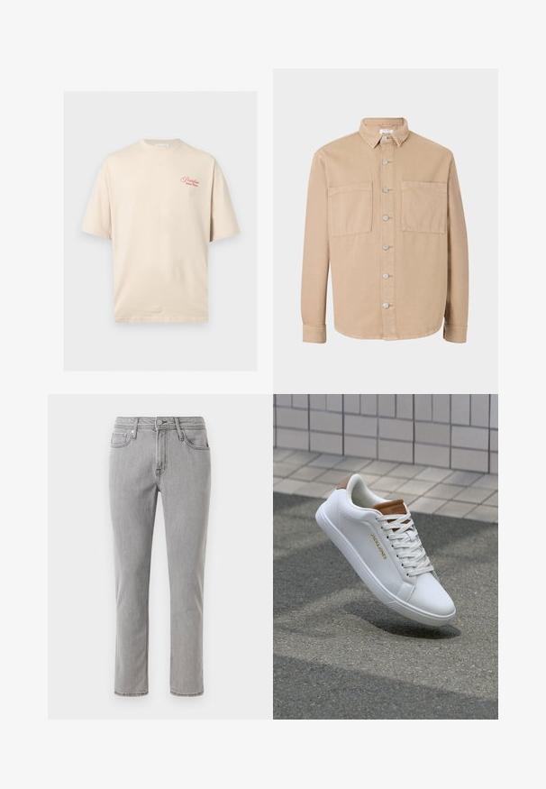 Chemise beige à manches longues avec un col, des boutons argentés et deux poches avant. Fabriquée en tissu de coton doux. Design classique, coupe non structurée.; T-shirt beige à manches courtes avec texte rouge « Portofino Dolce Mare » sur la partie supérieure gauche de la poitrine, col rond et coupe décontractée.; Jean en denim gris avec une coupe droite, design à cinq poches, passants de ceinture et fermeture à bouton à l'avant. Le tissu présente une texture lisse.; Baskets en cuir blanc avec une texture lisse, accent beige au niveau du talon, logo doré sur le côté et semelle en caoutchouc avec une adhérence texturée.