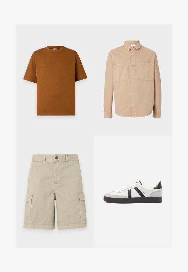 Camisa de manga larga beige con cuello tipo camisa, botones plateados y dos bolsillos frontales. Hecha de suave tela de algodón. Diseño clásico, ajuste sin estructura.; Camiseta marrón de manga corta hecha de una tela suave, con un escote redondo y un corte relajado con dobladillo recto. Sin patrones ni acentos visibles.; Pantalones cortos cargo beige de algodón, con bolsillos laterales, cierre de botón y un diseño recto con un acabado casual.; Zapatilla blanca con acentos en negro y gris, que presenta una puntera texturizada en gris, suela de goma negra y cordones planos blancos. Diseño limpio, estilo minimalista.