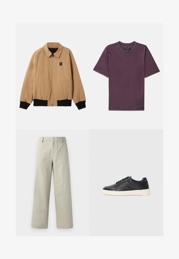 Beige lynlåsjakke med sorte manchetter og kant, en krave, to sidelommer og et lille EA7-logo på venstre bryst.; Ensfarvet kortærmet t-shirt med rund hals i mørk mauve med synligt mærke syet indeni kraven.; Han Kjøbenhavn WIDE LEG - Bukser - light grey; Sort lædersneaker med struktureret overflade, rund tå og flad hvid gummisål. Har sorte snørebånd og branding på hælen.