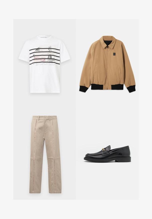 Veste zippée beige avec des poignets et un ourlet noirs, un col, deux poches latérales et un petit logo EA7 sur la poitrine gauche.; T-shirt en coton blanc avec des rayures horizontales noires et un imprimé graphique d'oiseaux avec un texte rouge "BUSTED" et un texte supplémentaire en dessous.; Pantalons beiges à coupe droite, avec des rayures latérales en sequins or rose et de subtils détails cousus sur les jambes.; Mocassins en cuir noir avec un embout rond, présentant des accents en métal doré et des détails de couture, montés sur une semelle en caoutchouc texturé et basse.