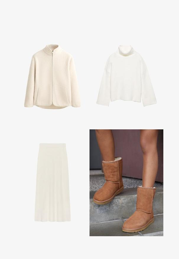 Veste en polaire de couleur crème avec un col haut, une fermeture éclair sur toute la longueur et deux poches latérales. Texture douce avec une surface extérieure texturée.; Pull à col roulé blanc en tissu doux, présentant une coupe décontractée, des épaules tombantes et des poignets et un ourlet larges côtelés.; Une jupe crème, longueur genou, confectionnée dans un tissu doux, avec une texture lisse et une taille ajustée pour plus de confort.; Bottines en suede marron, à bout rond, avec une doublure douce et une semelle en caoutchouc, présentant des détails de couture visibles le long des coutures.