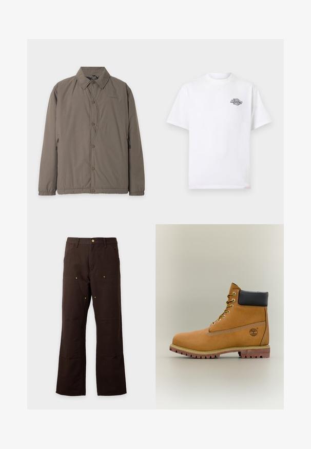 Letvægt jakke i taupefarve med trykknapper, krave, sidelommer med lynlås og elastiske manchetter, vist på hvid baggrund.; Hvid T-shirt med korte ærmer med lille sort-hvid Dickies-logo på venstre bryst, rund hals, ensfarvet design.; Mørkebrune bukser med lige ben, forlommer, bæltestropper og synlige gyldne nitter på lommeområderne.; Brun læderankelstøvle med sort krave, gule snørebånd og tanfarvet sål. Har logo og hvide syninger som detalje. Robust ydersål med greb.