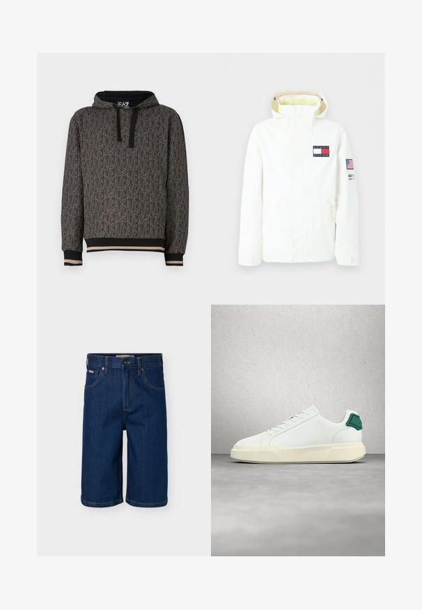 Weißer Kapuzenpullover mit Tommy Hilfiger-Logo auf der Brust und USA-Flaggen-Patch am Ärmel, Fronttaschen sowie Reißverschluss- und Knopfverschlüssen.; Dunkelgrauer Hoodie mit einem sich wiederholenden geometrischen Muster, aus einem strukturierten Stoff gefertigt. Kapuze mit schwarzen Kordeln und gestreiften Bündchen am Saum.; Dunkelblaue Jeansshorts mit Vordertaschen, Gürtelschlaufen, Knopfverschluss und kontrastierender Naht.; Weißer Sneaker mit niedriger Schaftpartie, grünem Fersenlasche, dicker, cremeweißer Sohle und eingeprägtem Markennamen, dargestellt vor einer reflektierenden Glasblockwand.