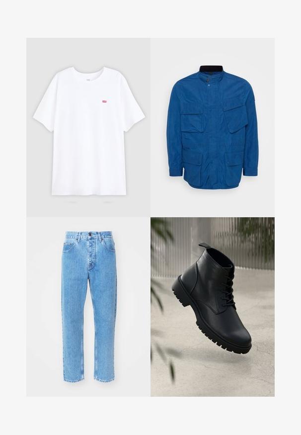 Blå jakke med høj krave, frontlukning med trykknapper og flere store klaplommer. Fremstillet af glat materiale med en struktureret pasform.; Hvid bomulds t-shirt med korte ærmer og rund halsudskæring. Har et lille rødt Levi's logo på venstre bryst. Flad design, uden mønstre.; Lyseblå denimjeans har en lige ben-design, fem lommer og en klassisk knaplukning i taljen.; Sorte læder ankelstøvler med rund tå, snørebåndsdesign og robust gummisål. Glat tekstur med en løkke bagpå.
