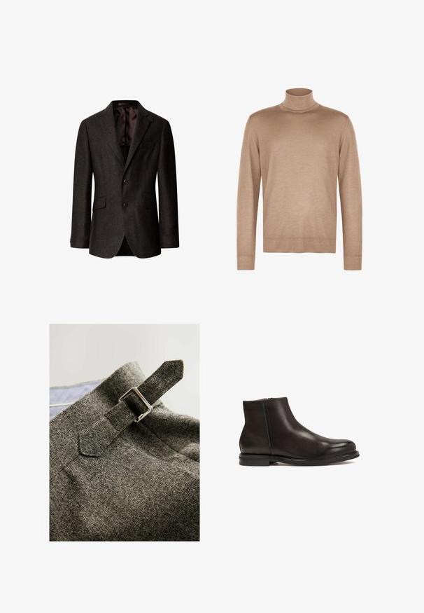 Dunkelgrauer, maßgeschneiderter Blazer mit zwei Knöpfen, Revers mit Kerbe, Pattentaschen und glattem Innenfutter, dargestellt auf weißem Hintergrund.; Beiger Rollkragenpullover mit langen Ärmeln aus weichem Strickstoff mit gerippten Bündchen und Saum.; Grau strukturiertem Stoff mit einem Riemen mit Schnalle. Das Design zeichnet sich durch einen modernen Schnitt und sichtbare Nähte aus.; Schwarze Leder-Ankle-Boots mit glatter Textur, runder Zehenform und niedrigem Absatz. Verfügt über einen seitlichen Reißverschluss für einfaches An- und Ausziehen.