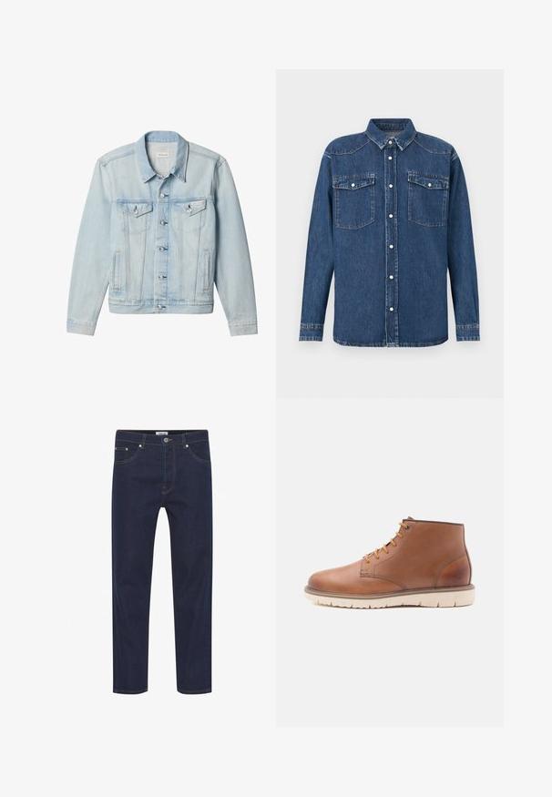 Hellblaue Jeansjacke mit durchgehender Knopfleiste, zwei Brustklappentaschen mit Knöpfen, Seitentaschen und Calvin Klein Label auf der linken Brusttasche.; Jeanshemd in Dunkelblau mit durchgehender Knopfleiste, spitzem Kragen, zwei Brusttaschen und langen Ärmeln mit Knopfmanschetten.; Dunkelblaue Jeans mit geradem Schnitt, versehen mit heller Stickerei, fünf Taschen und einem Knopfverschluss an der Taille. Glatte Textur.; Braune Leder-Stiefeletten mit runder Zehenform, sechs Ösen-Schnürung, orangefarbenen Akzenten und einer hellbeigen Gummisohle mit strukturiertem Profil.