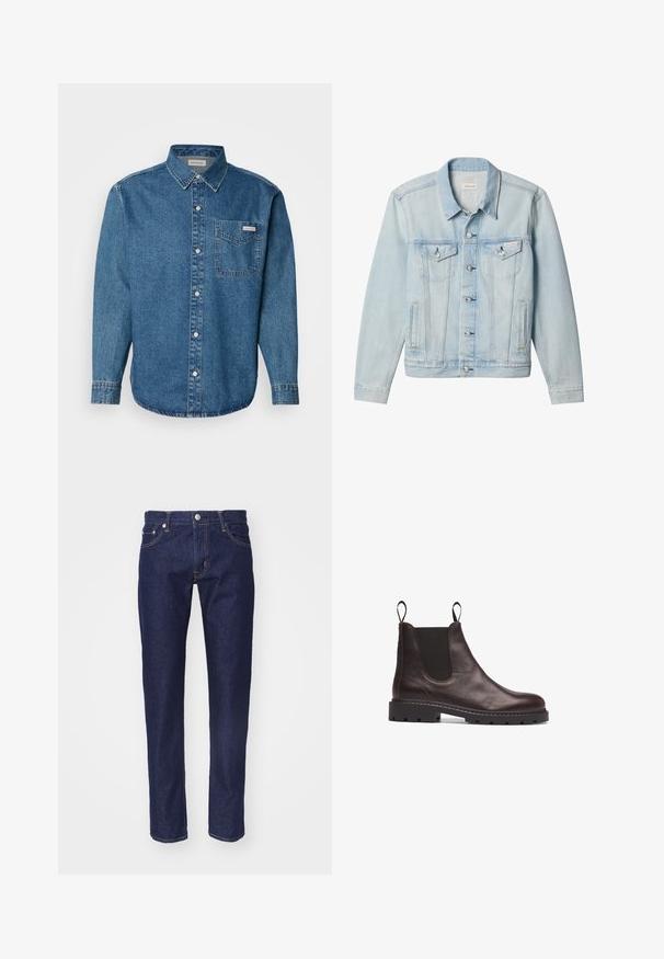 Hele sinine teksajakk nööpidega ees, kaks rinnataskut klappidega ja nööpidega, küljetaskud ning Calvin Kleini silt vasakul rinnataskul.; Sinine denim'ist pikkade varrukatega särk, millel on nööbid alla, rinnaeet ja kontrastne õmblus. Kanga tekstuur on sile ja stiil on juhuslik.; Tumedate sinise denimist püksid sirge lõikega, viie taskuga disain, kontrastsete oranžide õmblustega ja hõbedase nööpkinniotmisega vööl.; Pruun nahast Chelsea saabas elastsete külgelluude, tekstureeritud viimistluse ja tugeva musta kummitaldga, millel on tugevdus, et tagada haardevõime.