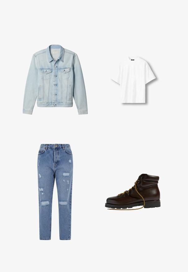 Chaqueta vaquera azul claro con cierre de botones en la parte delantera, dos bolsillos con solapa y botón en el pecho, bolsillos laterales y etiqueta de Calvin Klein en el bolsillo izquierdo del pecho.; Camiseta blanca lisa de manga corta, de corte holgado, con cuello redondo y etiqueta negra en el interior del cuello trasero, exhibida sobre un fondo claro.; Vaqueros de mezclilla de color azul claro con una cintura alta, pierna recta y un diseño desgastado que presenta desgarros y bordes deshilachados en toda la prenda.; Botas de senderismo de cuero marrón con punta redondeada, superficie texturizada, cordones amarillos y ojales de metal. Cuentan con una suela de goma negra resistente.