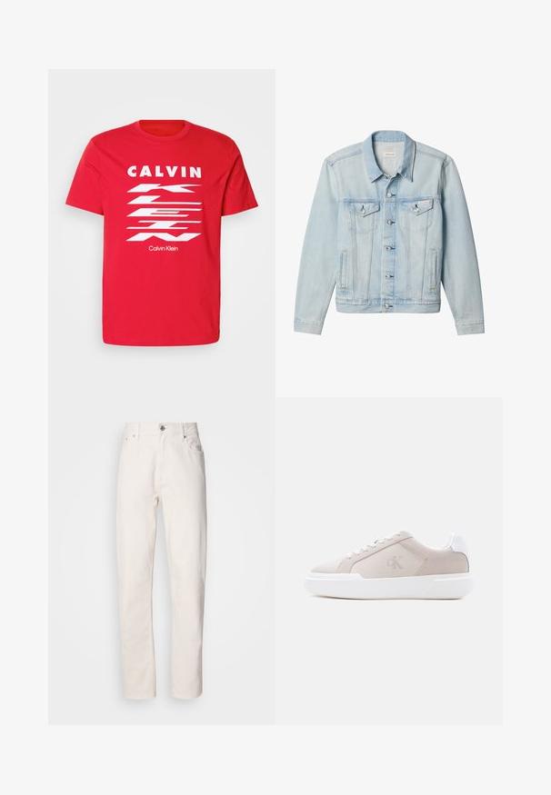 Svetlomodrá rifľová bunda so zapínaním na gombíky vpredu, dvoma klopovými vreckami na prsiach so zapínaním na gombíky, bočnými vreckami a štítkom Calvin Klein na ľavom vrecku na prsiach.; Červené bavlnené tričko s výrazným bielym textom "CALVIN KLEIN" a diagonálnym pruhovaným dizajnom. Krátke rukávy a okrúhly výstrih.; Rovné biele džínsy z denimu s gombíkovým a zipsovým zapínaním, pútka na opasok a predné a zadné vrecká, zobrazené na jednoduchom pozadí.; Béžová nízka teniska s hrubou bielou podrážkou, šnúrkami a pätovou slučkou, s jemným logom "cK" na bočnej strane.