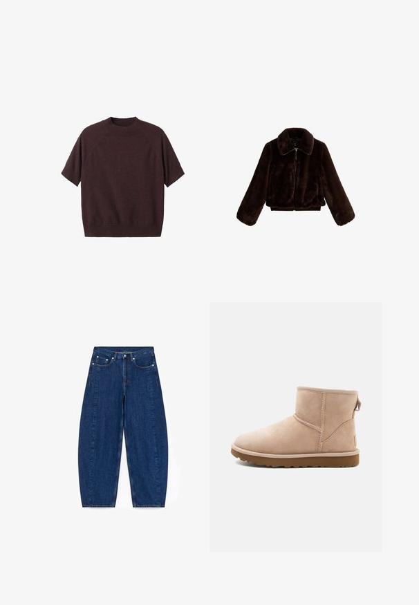 Brun faux furjakke med lynlås foran, bred krave og lange ærmer. Udvikler en cropped silhuet og blød tekstur. Ingen synlige hardware.; Kortærmet sweater i mørk burgundy strik. Har en ribbet rund hals og en afslappet pasform, med raglanærmer og en glat tekstur.; Mørkeblå denimbukser med bred ben og høj talje, fem lommer og sølvhardware. Har synlige syninger og en glat tekstur.; Beige ruskindsankelstøvle med rund tå, synlige sting og en tekstureret brun gummisål. Har en træksløjfe på bagsiden.