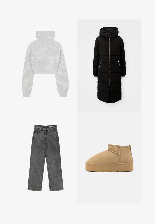 Sort pufferjakke med hætte, knælang, med lynlås foran, to sidelommer og quiltet tekstur. Inkluderer justerbare snore til hætten.; Lys grå, cropped striktrøje med høj turtleneck, brede ærmer og struktureret ribbet mønster. Blødt materiale med en lidt løs pasform.; Højtaljede sorte vasket lige ben jeans med forlommer, bæltestropper, knaplukning og et mærkets indre taljeband.; Beige suede ankelstøvler med rund tå, minimale syninger og en lysebrun gummisål med et tekstureret mønster.