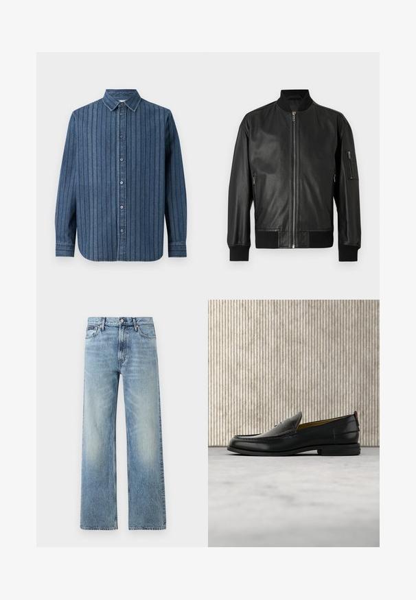 Veste aviateur en cuir noir avec fermeture éclair à l'avant, col côtelé, poignets, ourlet et poche zippée sur la manche gauche.; Samsøe Samsøe SADAMON SHIRT - Chemise - denim; Jean droit en denim bleu clair avec taille haute, cinq poches, fermeture à boutons et léger délavage sur les cuisses et les genoux.; Mocassin pour homme en cuir noir avec un dessus embossé effet croco et un petit talon, présenté de profil sur un fond neutre.