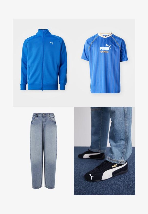 Blauwe zip-up jas gemaakt van structuurstof. Voorzien van witte zijkanten en een verhoogde kraag. Inclusief twee ritszakken.; Blauwe voetbalshirt met korte mouwen, voorzien van verticale strepen, witte en gele accenten, en een logo met een poema. Lichtgewicht, ademend materiaal.; Blauwe high-waisted, loszittende denim jeans met voorzakken, riemlussen, knoopsluiting en vervaagde details langs de benen.; Zwarte suède sneakers met witte accenten, voorzien van een gouden logo. Gemaakt met lichtblauwe spijkerbroek en geplaatst op een textuur blauwe ondergrond.