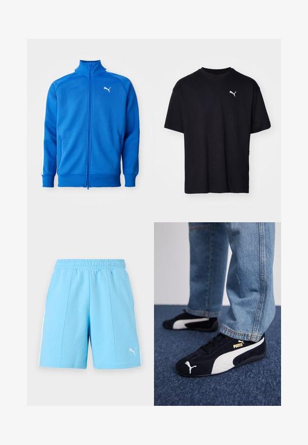 Veste zippée bleue en tissu texturé. Caractérisée par des bandes latérales blanches et un col montant. Inclut deux poches zippées.; T-shirt en coton noir à manches courtes, col rond, avec un logo Puma blanc sur le côté supérieur gauche de la poitrine. Coupe classique, texture lisse.; Shorts de sport bleu clair avec taille élastique, bandes blanches sur les côtés et logo Puma sur la partie avant inférieure de la jambe droite.; Baskets en daim noir avec accents blancs, arborant un logo doré. Portées avec un jean en denim bleu clair et posées sur une surface bleue texturée.