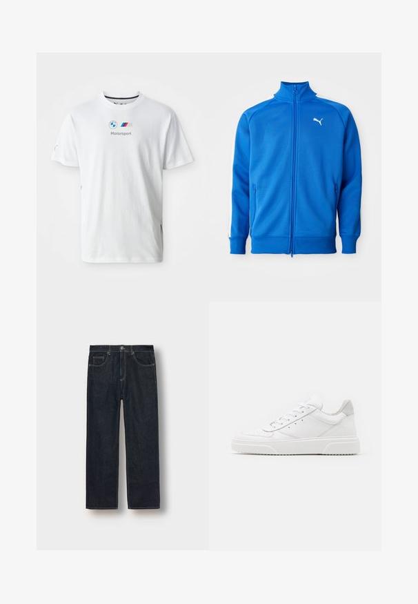 Modrá bunda na zips z textúrovanej látky. Obsahuje biele bočné pruhy a zvýšený golier. Má dve vrecká na zips.; Biela bavlnená tričko s logom BMW, textom "Motorsport" v šedej farbe a farebnými akcentmi na bočných stranách. Krátke rukávy a dizajn s okrúhlym výstrihom.; Tmavomodré džínsové nohavice rovného strihu vyrobené z denimu, s pútkami na opasok, prednými vreckami a kontrastným šitím. Minimalistický dizajn bez ozdôb.; Biele kožené tenisky s hladkým povrchom, zaoblenou špičkou, plochými šnúrkami a textúrovanou podrážkou. Sivý semišový akcent na päte.