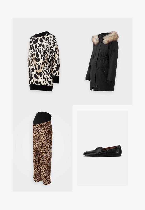 Sort parka med faux fur hætte, med indsnævret talje, to frontlommer og trykknapper. Lavet af glat stof med en mat finish.; Leopardprint sweater i neutrale nuancer af sort, beige og creme. Har en rund halsudskæring og ribbede sorte manchetter og kant.; Leopardprint graviditetsbukser med et sort elastisk liv. Løs pasform, blød tekstur og let tilspidsede ben for komfort og stil.; Sort læder bådsko med rundet tå, snøredesign og sølvfarvede snørehuller. Har en glat tekstur og lavprofil gummisål.