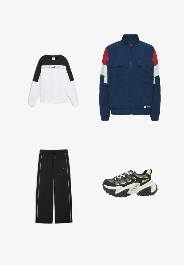 Veste coupe-vent marine avec des accents rouges et blancs, deux poches avant, des poignets et un ourlet élastiques, et un col haut. Tissu respirant.; Sweatshirt blanc avec un panneau supérieur noir, arborant un logo "PUMA" gris répété. Fabriqué en tissu doux avec des manches longues et un col rond.; Pantalon ample noir avec ceinture élastique et cordon de serrage, bandes blanches sur les côtés, poches avant, et petit logo Puma bleu sur la cuisse gauche.; Baskets épaisses Buffalo noires et grises avec semelle blanche, accents verts néon, panneaux en mesh, semelle extérieure épaisse et à motifs, lacets noirs et blancs.
