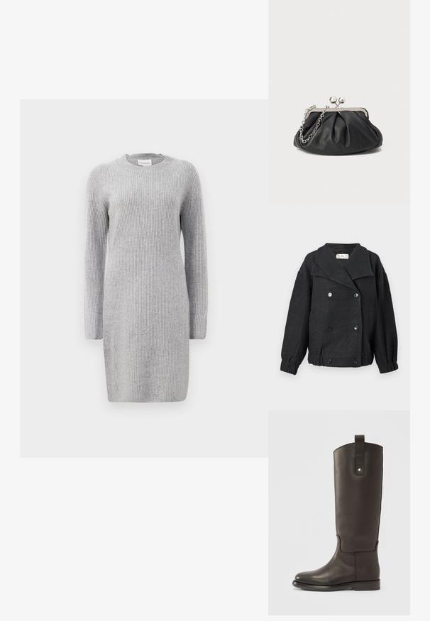 Mustast villasegust jakk, mis on kahekordse eesmine disainiga, suure kraega ja elastsete mansettidega. Includes two front pockets and button accents.; Hallide ribaga kootud kleit pikade varrukatega, ümmarguse kaelusega ja külgsongadega. Kanga tekstuur on pehme ja ühtlase vertikaalse mustriga.; Pikad, tumepruunid nahast saapad, sileda viimistlusega, ümara varbaosaga ja kontrastse pruuni akendiga. Neil on külgrihm metallist klõpsuga.; Musthave musta nahast käekott, millel on volditud tekstuur, hõbedane metallraam, lukustatud sulgemismehhanism ja kett. Sile ja pehme pind.