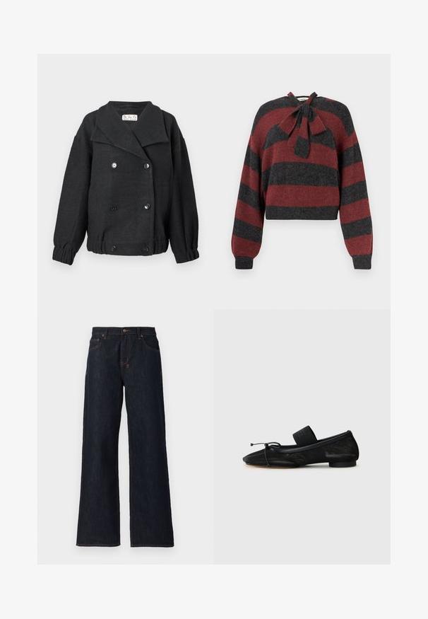 Veste en mélange de laine noire avec un design croisé, grand col et poignets élastiques. Inclut deux poches avant et des accents en boutons.; Pull court avec des rayures horizontales rouges et gris foncé, en matériau doux, avec un détail de nœud à l'encolure et des poignets côtelés.; Jeans larges bleu foncé en denim, avec des coutures orange, deux poches avant et une fermeture à bouton à la taille.; Chaussure plate noire avec un bout pointu, fabriquée en tissu texturé, avec un accent à nœud et un petit talon rond. Sangle élastique au niveau de la cheville.