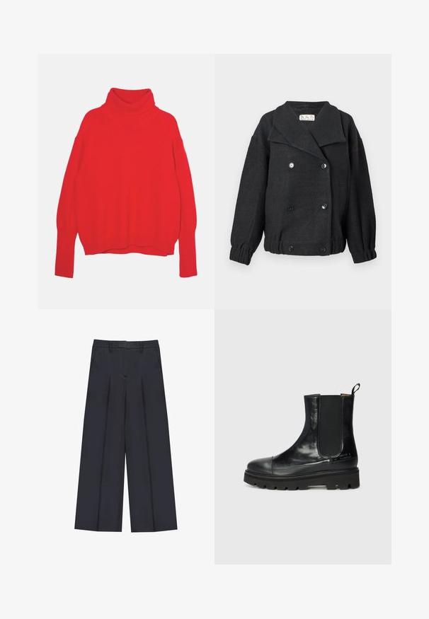 Veste en mélange de laine noire avec un design croisé, grand col et poignets élastiques. Inclut deux poches avant et des accents en boutons.; Pull en maille rouge à col montant avec une coupe décontractée, manches longues, poignets et ourlet côtelés. Texture lisse et couleur uniforme.; Pantalons à jambe large en bleu marine foncé, fabriqués en tissu léger. Présentent deux plis à l'avant, des passants de ceinture et une fermeture éclair dissimulée.; Bottine en cuir noir avec une finition brillante, panneaux latéraux élastiques et semelle en caoutchouc noir épaisse. Dispose d'une languette pour faciliter l'enfilage.