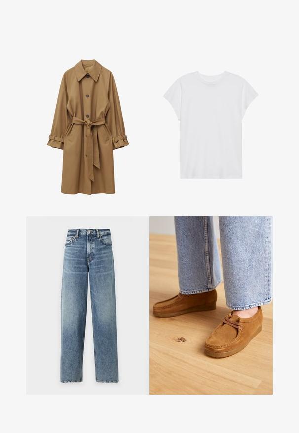 Brun trenchcoat med bælte, lange ærmer, stort krave og knaplukning. Har sidelommer og bælteærmer for justerbar pasform.; Hvid kortærmet t-shirt med rund hals, afslappet pasform, lavet af blødt bomuldsstof. Glat tekstur, ingen mønstre eller logoer.; Lyseblå denimjeans med lige pasform, høj talje og subtile falmninger. Har fem lommer og knaplukning.; Brune ruskindsko med en rund tå og tanfarvet gummisål, der har et simpelt snørebåndsdesign, parret med lyseblå denimbukser.