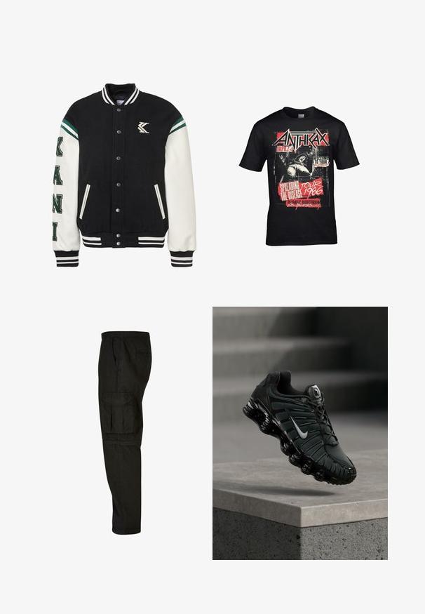 Schwarze Wollmischung-Collegejacke mit weißen Lederärmeln, grünen Akzenten, geripptem Kragen und Druckknopfverschluss. Mit "KANI" in grüner Stickerei.; rockshirts ANTHRAX SPREADING THE DISASE - T-Shirt print - black; Schwarze Cargo-Hosen mit lockerer Passform, elastischem Bund, Seitentaschen und einer großen Cargotasche am Oberschenkel. Weicher, leichter Stoff.; Schwarzer und dunkelgrauer Nike-Laufschuh mit weißem Swoosh-Logo, der über einer Betonkante schwebt, im Hintergrund Treppen.