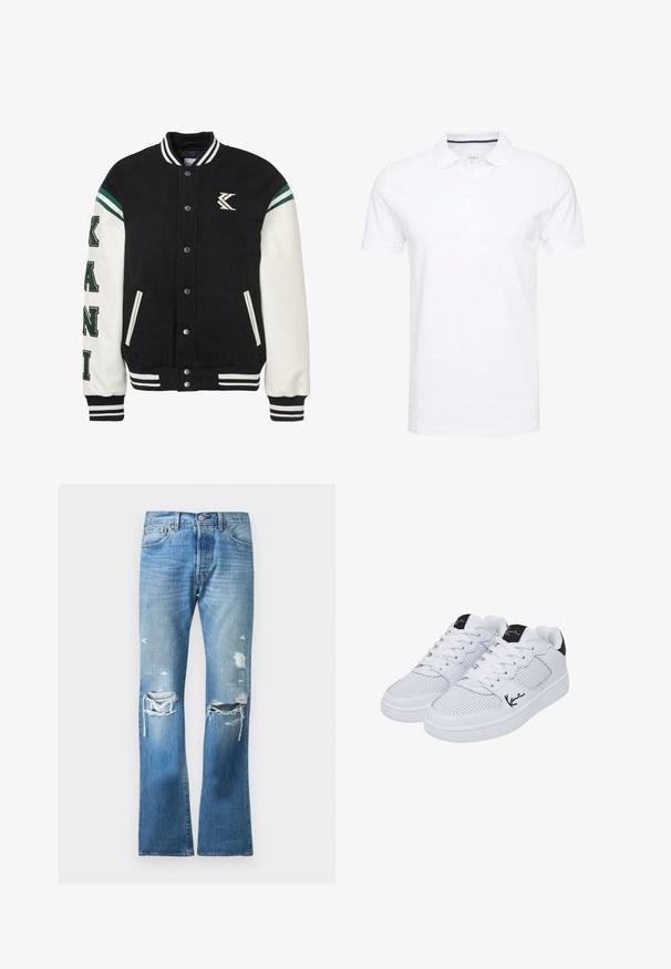 Zwarte wolmix varsityjack met witte leren mouwen, groene accenten, geribde kraag en drukknoopsluiting. Kenmerkt "KANI" in groene borduursel.; Witte polo shirt van katoen, met een traditionele kraag, korte mouwen en een drie-knopenlijst met subtiele marineblauwe accenten aan de binnenkant.; Blauwe straight-leg spijkerbroek met een vervaagde wasbehandeling en meerdere versleten scheuren op beide knieën en de bovenbenen.; Witte sneakers van geperforeerd synthetisch materiaal, met platte veters en een zwart accent bij de hiel, met een handtekening in het zwart aan de zijkant.