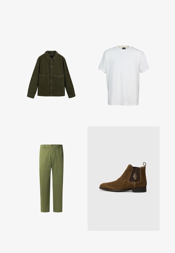 Olijfgroen corduroy-jack met een spread collar, een frontale knoopsluiting en twee borstzakken. Bevat een gestructureerde stof en lange mouwen.; Effen wit T-shirt met korte mouwen en ronde hals, weergegeven tegen een witte achtergrond, frontaal zicht.; Olijfgroene broek van katoen, voorzien van een ritssluiting, knoopsluiting en vier zakken. Gladde textuur en recht model.; Bruin geweven enkelboot met een spitse neus, elastische zijkanten en een luslabel aan de achterkant. Voorzien van een diamantaccent aan de buitenkant.