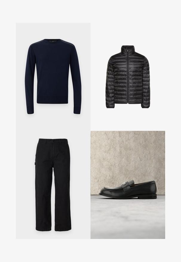 Schwarze gesteppte Jacke mit hohem Kragen, durchgehendem Frontreißverschluss und horizontalem Steppmuster. Glatter, glänzender Stoff mit elastischen Bündchen.; Dunkelblauer Strickpullover mit langen Ärmeln, rundem Hals und gerippten Bündchen. Verfügt über strukturierte Schulterakzente und eine taillierte Silhouette.; Schwarze Baumwoll-Cargohosen mit geradem Bein, ausgestattet mit Seitentaschen und einem vorderen Knopfverschluss. Langlebiger Stoff mit einer glatten Textur.; Schwarzer Lederloafer mit einer Metallmarkenplatte, der nahe einem braunen runden Tisch auf beigem Teppichboden ruht.