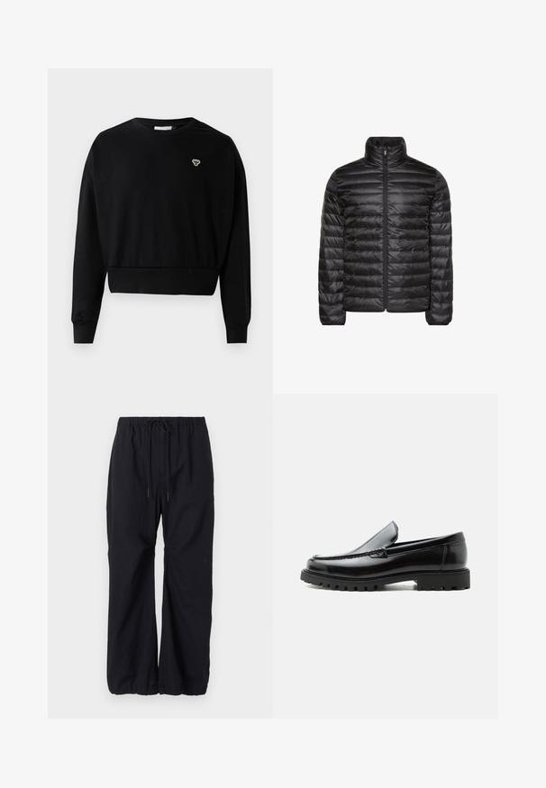Veste matelassée noire avec col montant, fermeture éclair complète à l'avant, et motif matelassé horizontal. Tissu lisse et brillant avec poignets élastiques.; Sweatshirt noir cropped avec un col rond, des manches longues et un petit logo brodé sur la poitrine, fabriqué en mélange de coton doux.; Pantalons noirs amples en tissu léger, dotés d'une taille élastique avec cordon de serrage et de poignets froncés aux chevilles.; Mocassin en cuir noir avec semelle en caoutchouc épaisse, dessus cousu et nom de marque embossé sur le talon, présenté de profil sur fond blanc.