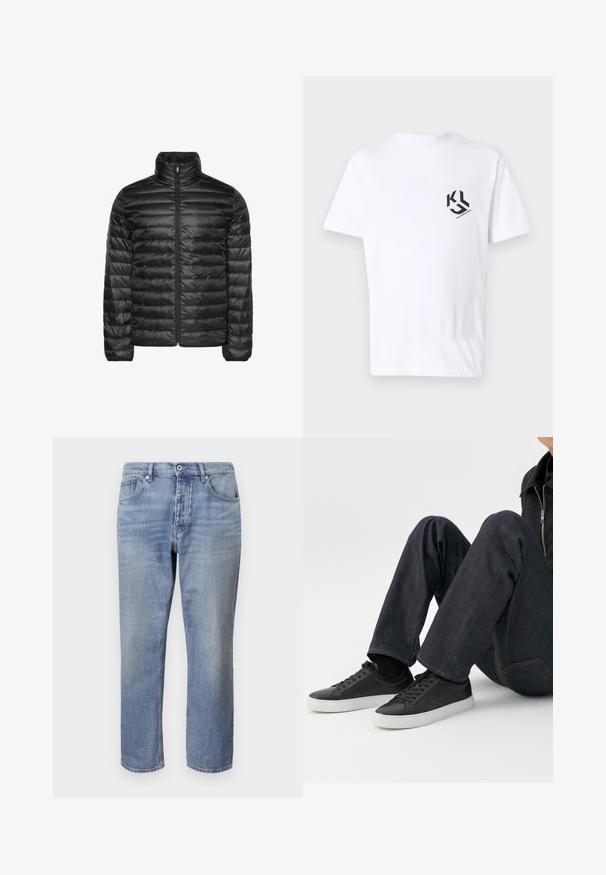 Chaqueta acolchada negra con cuello alto, cremallera completa en el frente y patrón acolchado horizontal. Tejido liso y brillante con puños elásticos.; Camiseta de algodón blanca de manga corta, con un logo gráfico negro en el área del pecho izquierdo. Textura suave y escote redondo.; Vaqueros de mezclilla azul claro con corte recto, diseño de cinco bolsillos, costuras visibles y cierre de botón en la cintura.; Persona sentada con las piernas dobladas, vistiendo vaqueros azul oscuro y zapatillas bajas negras con suelas blancas sobre un fondo blanco.