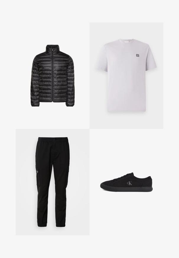 Veste matelassée noire avec col montant, fermeture éclair complète à l'avant, et motif matelassé horizontal. Tissu lisse et brillant avec poignets élastiques.; T-shirt lilas clair à manches courtes en coton, avec un col rond et un petit écusson noir sur la poitrine gauche. Texture lisse.; Pantalons cargo noirs avec taille élastique, fermeture à bouton, deux poches latérales et deux poches cargo. Tissu lisse avec une coupe relaxée.; Baskets basses noires à lacets, semelle en caoutchouc, avec le logo "cK" gris sur le côté, vues de l'extérieur.