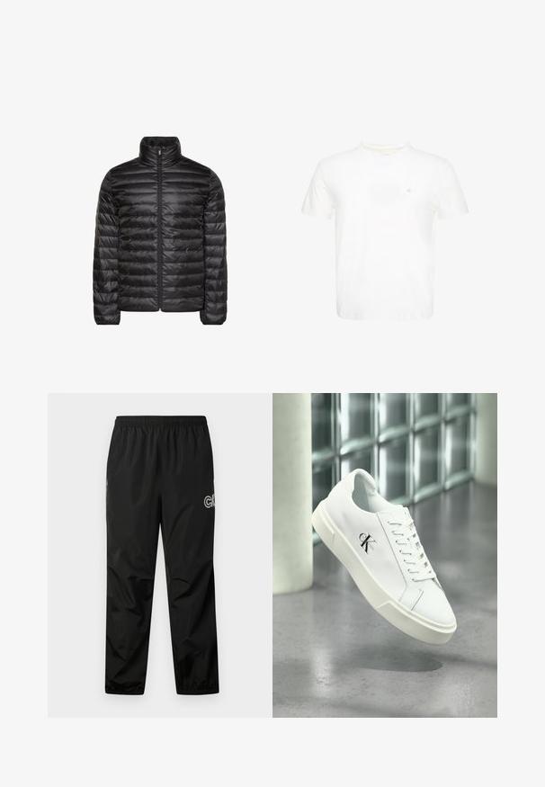 Chaqueta acolchada negra con cuello alto, cremallera completa en el frente y patrón acolchado horizontal. Tejido liso y brillante con puños elásticos.; Camiseta blanca de manga corta con cuello redondo y pequeño logo "ck" bordado en el pecho izquierdo.; Pantalones de lluvia negros hechos de un material ligero y waterproof. Cuenta con una cintura elástica y un detalle de logo en el costado. Textura suave.; Zapatilla blanca Calvin Klein con cordones, mostrada flotando sobre un suelo de cemento pulido y un fondo de pared de bloques de vidrio.