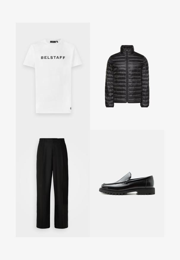 Veste matelassée noire avec col montant, fermeture éclair complète à l'avant, et motif matelassé horizontal. Tissu lisse et brillant avec poignets élastiques.; T-shirt en coton blanc présentant un logo noir "BELSTAFF" sur le devant. Col rond classique et manches courtes avec un petit détail de logo sur l'ourlet.; Pantalon noir avec une coupe droite, une texture douce, des plis avant et une taille standard. Design minimaliste sans motifs supplémentaires.; Mocassin en cuir noir avec semelle en caoutchouc épaisse, dessus cousu et nom de marque embossé sur le talon, présenté de profil sur fond blanc.