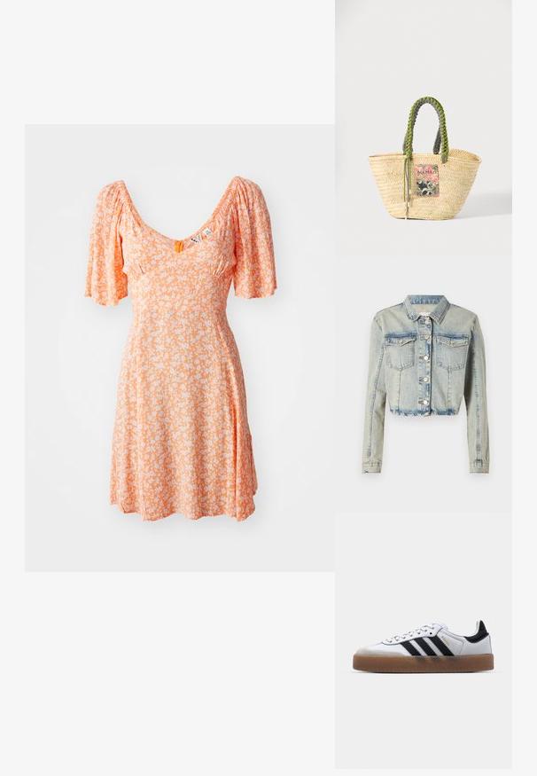 Veste en denim coupée de couleur bleu clair, avec une fermeture à boutons sur le devant, deux poches poitrine et des manches longues avec des détails cousus.; Robe orange avec des manches ballon, un décolleté en V, ornée d'un motif floral blanc. Tissu fluide, design de longueur au genou, et détails froncés.; Baskets en cuir blanc avec des rayures noires, semelle extérieure en caoutchouc beige, bout rond, fermeture lacée et embout en suède gris doux.; Sac cabas en paille beige tissée avec des poignées tressées vertes et noires et un patch rectangulaire coloré à l'avant.