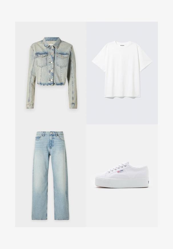 Veste en denim coupée de couleur bleu clair, avec une fermeture à boutons sur le devant, deux poches poitrine et des manches longues avec des détails cousus.; T-shirt blanc à manches courtes, col rond, coupe décontractée et étiquette "WEEKDAY" à l’intérieur du dos du col.; Jean en denim bleu clair taille haute à coupe droite, avec fermeture par bouton et zip, poches avant et arrière sur fond neutre.; Baskets en toile blanches avec une épaisse semelle plateforme blanche, bout rond et œillets en métal pour les lacets. Logo de la marque affiché sur le côté.