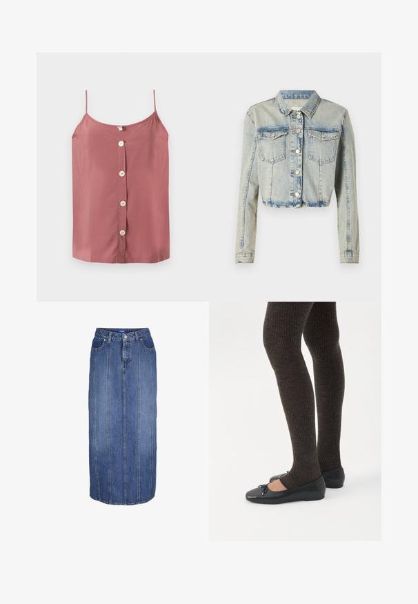 Veste en denim coupée de couleur bleu clair, avec une fermeture à boutons sur le devant, deux poches poitrine et des manches longues avec des détails cousus.; Caraco sans manches couleur vieux rose avec fines bretelles et quatre boutons blancs au centre devant sur un fond uni.; Jupe midi en denim bleu avec coutures verticales, fermeture à boutons et fermeture éclair devant, passants pour ceinture et poches avant.; Jambes portant des leggings côtelés foncés associés à des ballerines noires avec de petits détails en nœud sur fond blanc.