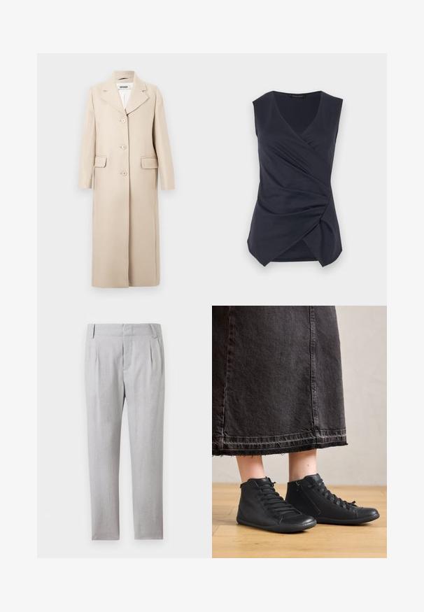 Beige lange geklede jas met klep-revers, drie voorknopen, klepzakken en lange mouwen.; Mouwloze donkerblauwe wikkeltop met V-hals en geplooide drapering aan de voorrand, gelabeld Anna Field.; Lichtgrijze formele broek met ceintuurlussen, een ritssluiting aan de voorkant en plooien bij de taille, afgebeeld tegen een witte achtergrond.; Zwarte leren hoge schoenen met een gladde textuur, met veters en een zijrits. G gedragen bij een lange zwarte spijkerrok.