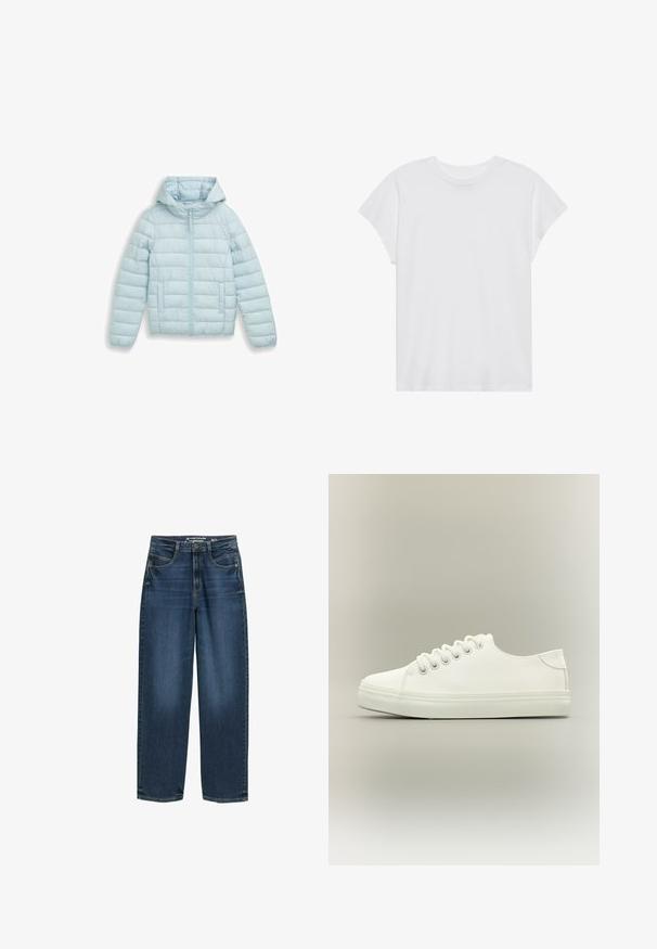 Chaqueta acolchada azul claro con capucha. Cuenta con una cremallera completa en la parte delantera, costuras horizontales y dos bolsillos laterales. Material liso y brillante.; Camiseta blanca de manga corta con cuello redondo, corte relajado, hecha de suave tela de algodón. Textura lisa, sin estampados ni logotipos.; Jeans de pierna ancha de color azul oscuro con cintura alta, bolsillos frontales y textura de denim clásica. Acabados con detalles de costura sutiles y aberturas de pierna recta.; Zapatilla blanca baja con cordones blancos y suela de goma mostrada desde vista lateral sobre un fondo neutro.
