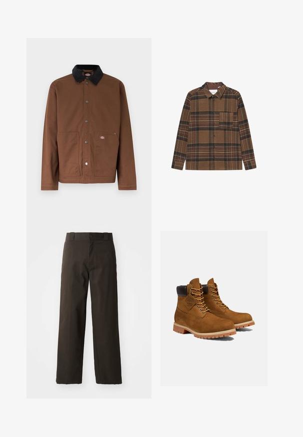 Chaqueta marrón con botones, cuello negro, dos bolsillos delanteros y un pequeño parche con logo en el bolsillo derecho.; Camisa de cuadros marrón hecha de tejido suave, con mangas largas, cierre de botones, cuello y un único bolsillo en el pecho que presenta rayas de colores.; Pantalones de algodón negros con un diseño de pierna recta, que cuentan con un cierre de botón y una cinturilla clásica. Textura suave, sin patrones ni acentos.; Botines de ante marrón con un cuello acolchado negro, ojales dorados y suela de goma gruesa con un patrón de tacos para mayor tracción.