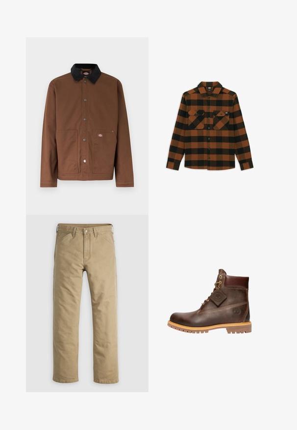 Veste boutonnée marron avec col noir, deux poches avant et une petite écusson logo sur la poche droite.; Chemise à manches longues en motif écossais orange et noir, fabriquée dans un tissu texturé. Comprend deux poches poitrine et une fermeture à boutons.; Pantalon en coton kaki avec un design à jambe droite, poches avant et fermeture par bouton. Texture lisse et coutures renforcées pour une durabilité accrue.; Bottine en cuir marron avec un bout rond, une semelle robuste, des éléments en doré et un dessus texturé. Comprend une étiquette de logo attachée.