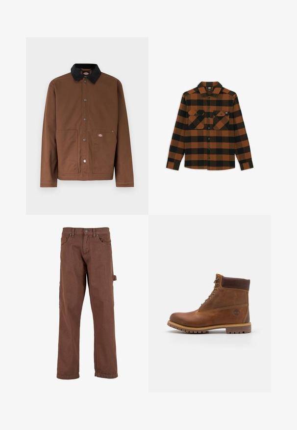 Braune knöpfbare Jacke mit schwarzem Kragen, zwei Vorderentaschen und einem kleinen Logopatch auf der rechten Tasche.; Langärmliges Hemd im orange-schwarz karierten Muster, aus einem strukturierten Stoff gefertigt. Verfügt über zwei Brusttaschen und eine geknöpfte Vorderseite.; Braune Cargo-Hose aus robustem Stoff, mit geradem Bein, Fronttaschen und einer Seitentasche mit Klappe.; Braune Lederwanderschuhe mit glatter Oberfläche, gepolstertem Knöchel, Metallösen und einer Gummisohle mit robustem Profil.