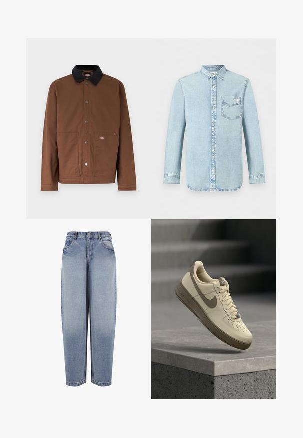 Bruine jas met knopen, zwarte kraag, twee voorzakken en een klein logoplaatje op de rechterzak.; Lichtblauw denim overhemd met lange mouwen, knoopsluiting aan de voorkant, een borstzak met Calvin Klein-logo en puntige kraag.; Blauwe high-waisted, loszittende denim jeans met voorzakken, riemlussen, knoopsluiting en vervaagde details langs de benen.; Beige en bruine Nike Air Force 1 sneaker met veters, zwevend boven een betonnen oppervlak met trappen op de achtergrond.