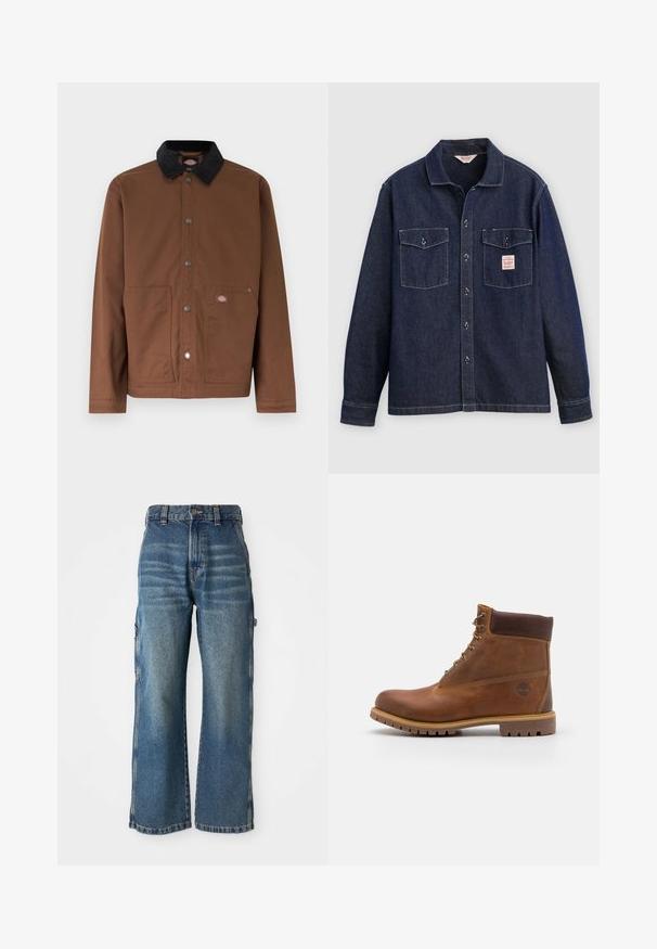 Braune knöpfbare Jacke mit schwarzem Kragen, zwei Vorderentaschen und einem kleinen Logopatch auf der rechten Tasche.; Dunkelblaues Jeanshemd mit Kragen, zwei Brusttaschen und durchgehender Knopfleiste. Verfügt über kontrastierende Nähte und ein Etikett auf der linken Tasche.; Weite Jeans aus Denim in Hellblau mit einem verwaschenen Finish, hoher Taille, Gürtelschlaufen und seitlichen Taschen. Sichtbare Nähdetails.; Braune Lederwanderschuhe mit glatter Oberfläche, gepolstertem Knöchel, Metallösen und einer Gummisohle mit robustem Profil.