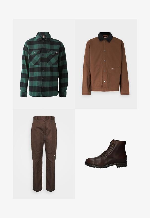Bruine jas met knopen, zwarte kraag, twee voorzakken en een klein logoplaatje op de rechterzak.; Groene en zwarte geruite flanellen overhemd met lange mouwen, knoopsluiting aan de voorkant, twee borstzakken en een klassieke kraag. Zachte textuur, veelzijdig ontwerp.; Bruine, recht lopende broek met een gladde textuur. Heeft een riemlus, zijnaad en een klein merklogo op het linkerbeen.; Donkergrote leren veterschoenen tot de enkels met een robuuste rubberen zool en metalen veters, gezien vanuit de buitenzijde.