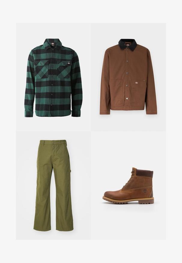 Bruine jas met knopen, zwarte kraag, twee voorzakken en een klein logoplaatje op de rechterzak.; Groene en zwarte geruite flanellen overhemd met lange mouwen, knoopsluiting aan de voorkant, twee borstzakken en een klassieke kraag. Zachte textuur, veelzijdig ontwerp.; Olijfgroene wijde broek van duurzaam materiaal, met een knoopsluiting, zijzakken en een rechte zoom.; Bruine leren wandelschoen met een gladde afwerking, gevoerde enkel, metalen oogjes en een rubberen zool met een robuust profiel.
