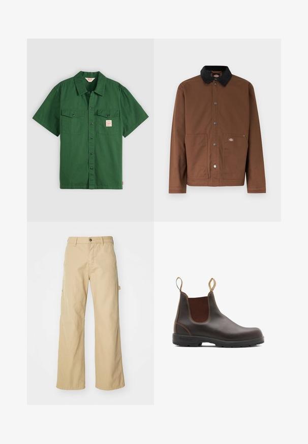 Chaqueta marrón con botones, cuello negro, dos bolsillos delanteros y un pequeño parche con logo en el bolsillo derecho.; Camisa de algodón verde de manga corta con botones en la parte delantera, dos bolsillos en el pecho y una pequeña etiqueta en el bolsillo izquierdo. Sencilla, sin patrones.; Pantalones cargo de pierna ancha en color beige con cierre de botón, que cuentan con bolsillos laterales, fabricados en resistente tejido de algodón, con textura suave y diseño de corte recto.; Botas Chelsea de cuero marrón con paneles laterales elásticos y tiradores. Parte superior texturizada, suela de goma duradera y detalle de costura en contraste.